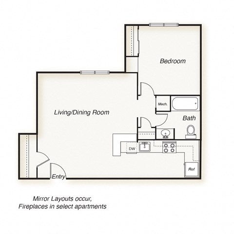 Floor plan for 1 bed, 1 bath, 828 sqft